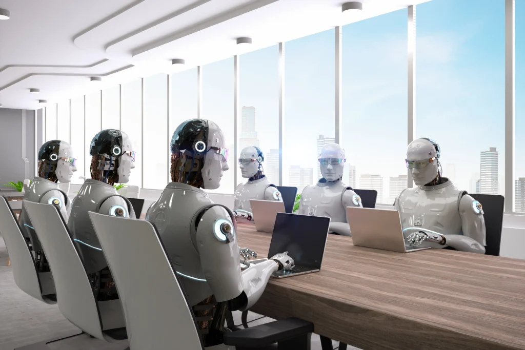 Conceptual image showing automated office tasks and AI-driven workflows symbolizing jobs replaced by artificial intelligence and routine white-collar work.